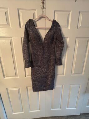 Jovani Metallic Charcoal Deep V-Neck Mini Dress